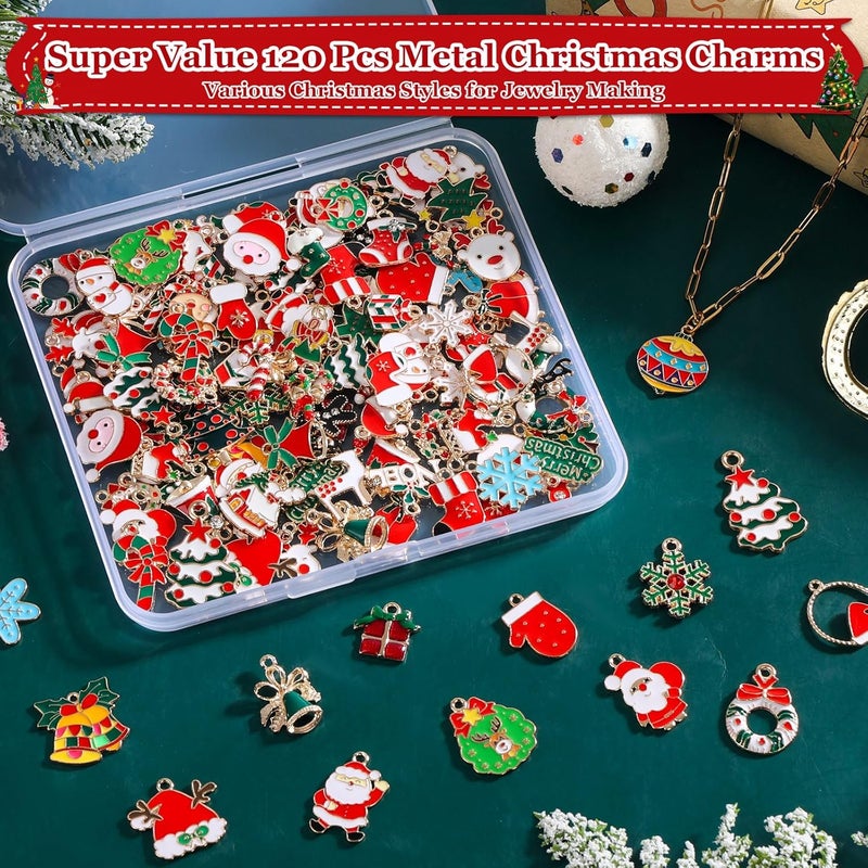 Modacraft 120 Pcs Christmas Charms for Jewelry Making, Multiple Styles Gold Enamel Pendant Charms with Santa Snowflake Tree for DIY Bracelet Necklace Earring Keychain Craft Supplies Holiday Decor Gift - Image 2